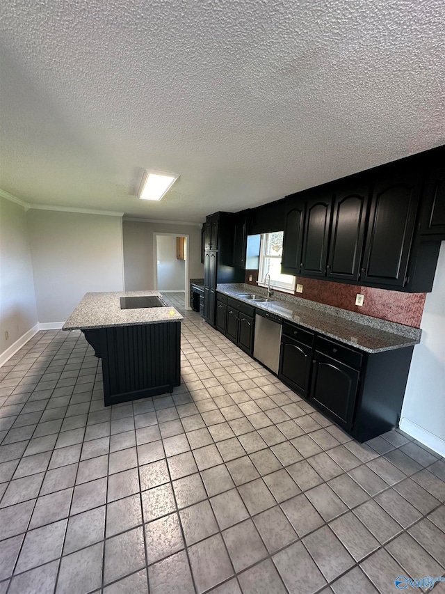 kitchen with dishwasher, light tile patterned floors, a kitchen island, and sink