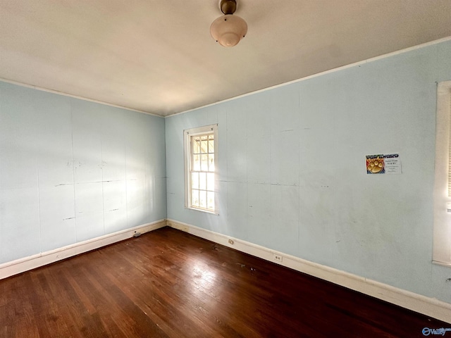 spare room with hardwood / wood-style floors and crown molding