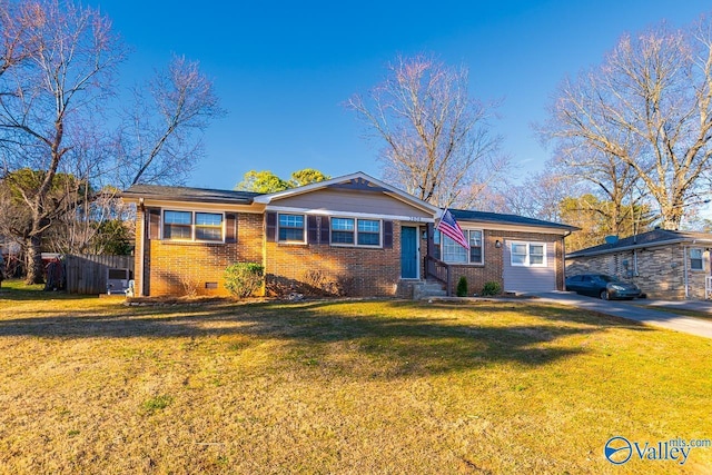 ranch-style house with brick siding, crawl space, a front lawn, and fence