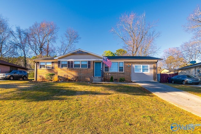 ranch-style home featuring concrete driveway, brick siding, a front yard, and fence