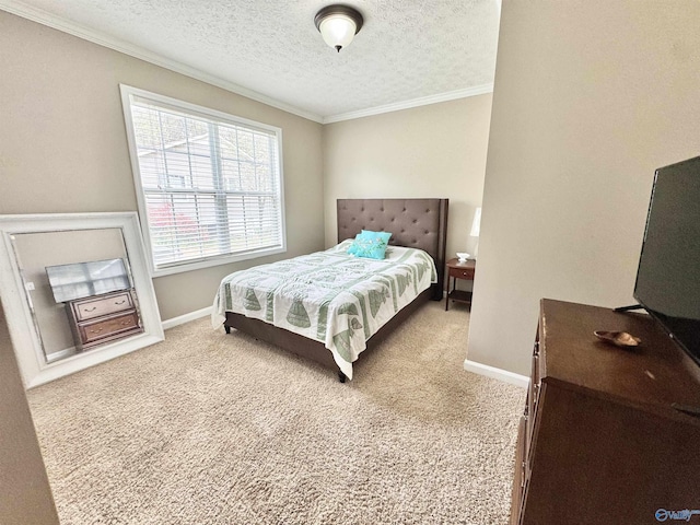 carpeted bedroom with baseboards, ornamental molding, and a textured ceiling