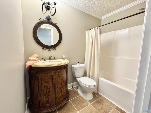 bathroom with vanity, shower / bathtub combination with curtain, crown molding, toilet, and a textured ceiling