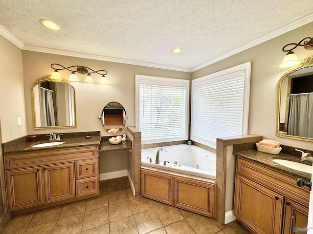 full bath featuring ornamental molding, a sink, and two vanities