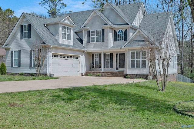 view of front of property featuring a garage, crawl space, a front yard, roof with shingles, and driveway