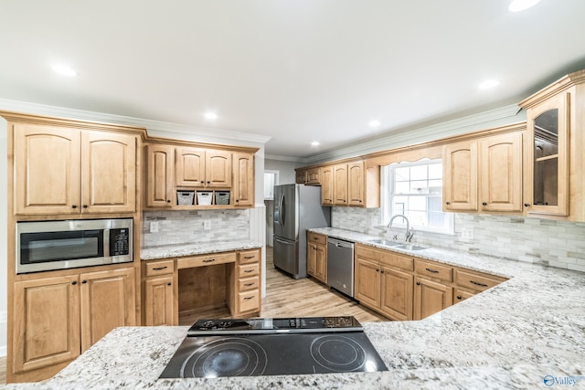2600 Gawain Rd SE, Huntsville, AL 35803 - kitchen featuring appliances with stainless steel finishes, light stone countertops, ornamental molding, backsplash, and recessed lighting
