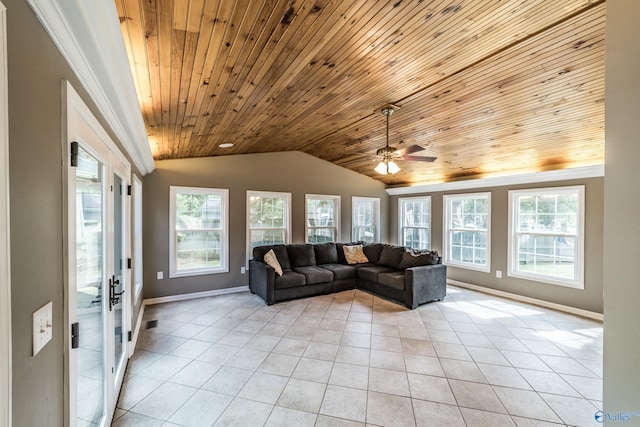 2600 Gawain Rd SE, Huntsville, AL 35803 - living area with light tile patterned flooring, wooden ceiling, lofted ceiling, and ceiling fan