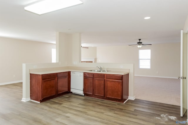 kitchen with sink, ceiling fan, light hardwood / wood-style flooring, and dishwasher