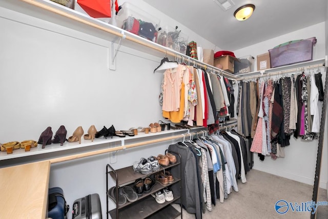 walk in closet featuring carpet flooring and visible vents