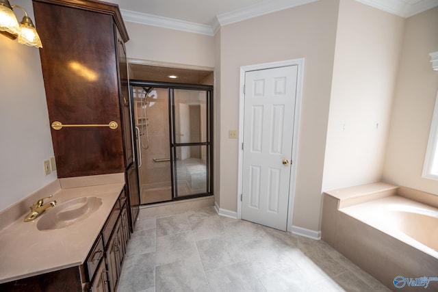 bathroom featuring a stall shower, ornamental molding, vanity, and a bath