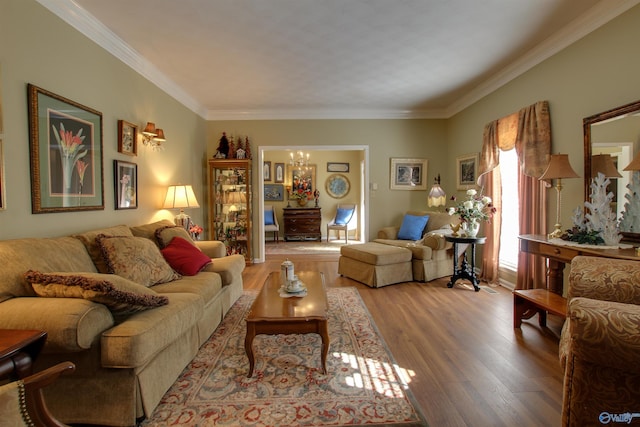 8601 County Road 214, Trinity, AL 35673 - living room featuring a chandelier, wood finished floors, and ornamental molding