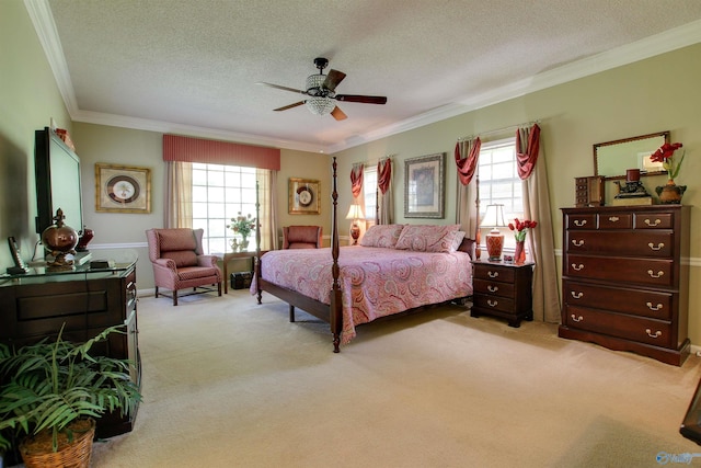 8601 County Road 214, Trinity, AL 35673 - bedroom featuring multiple windows, light carpet, ornamental molding, a textured ceiling, and a ceiling fan