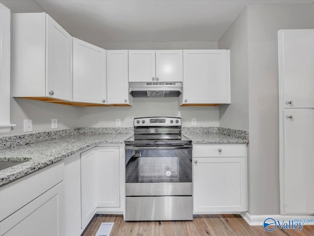 2612 Valley Brook Dr, Huntsville, AL 35811 - kitchen with stainless steel range with electric cooktop, under cabinet range hood, white cabinetry, and light wood-type flooring