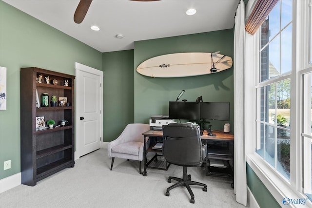 carpeted home office featuring baseboards and recessed lighting