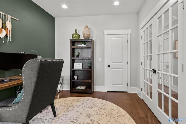 office with french doors, dark wood-type flooring, recessed lighting, and baseboards