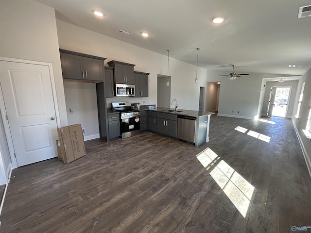 kitchen featuring dark wood finished floors, a peninsula, a sink, stainless steel appliances, and open floor plan