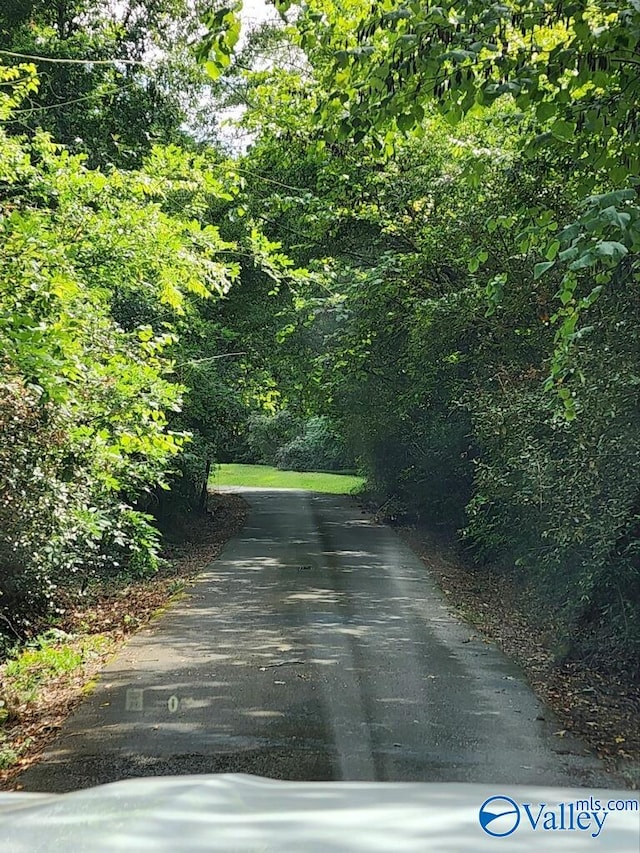 view of road featuring a forest view