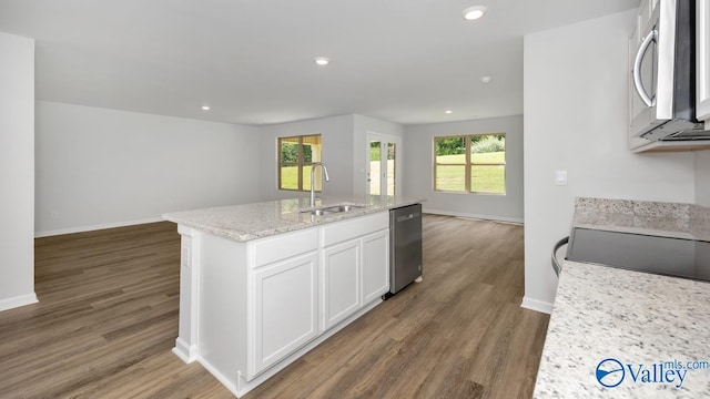 kitchen featuring open floor plan, stainless steel appliances, wood finished floors, and a sink