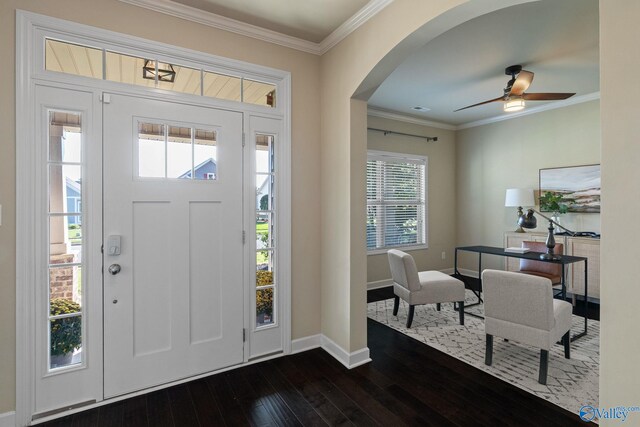 foyer featuring ceiling fan, dark wood-type flooring, and crown molding