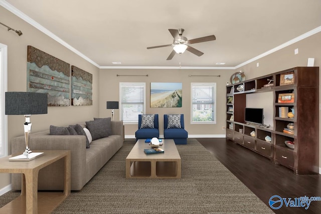 living room with dark hardwood / wood-style floors, crown molding, and ceiling fan