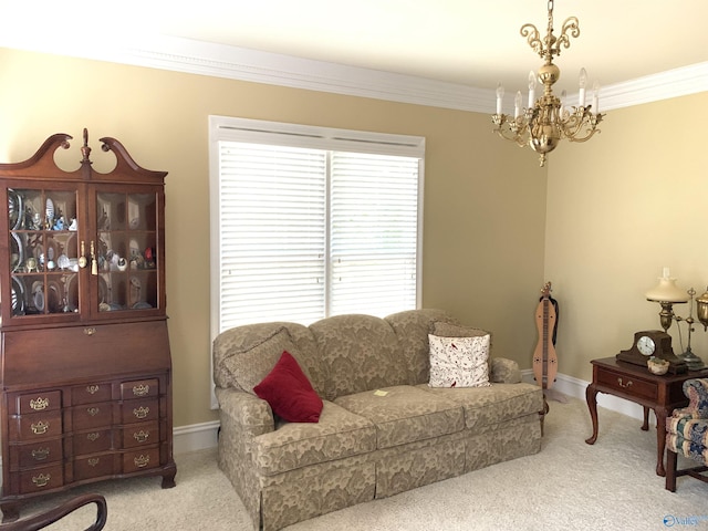 living area with carpet, baseboards, and crown molding