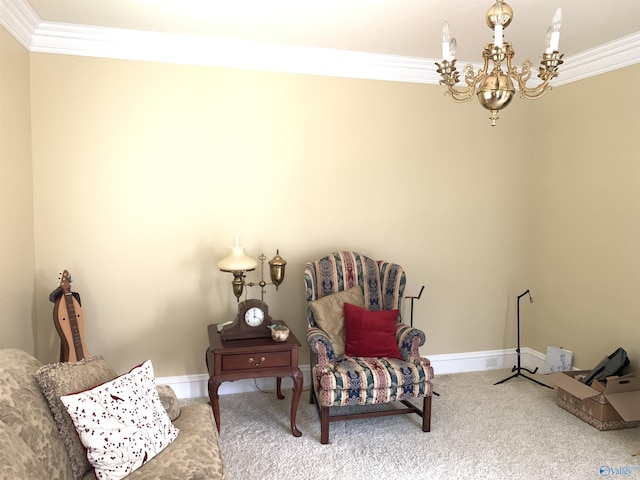 sitting room with crown molding, a notable chandelier, carpet floors, and baseboards