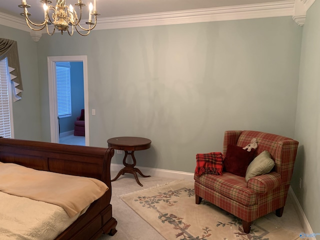 bedroom featuring ornamental molding, carpet, baseboards, and an inviting chandelier