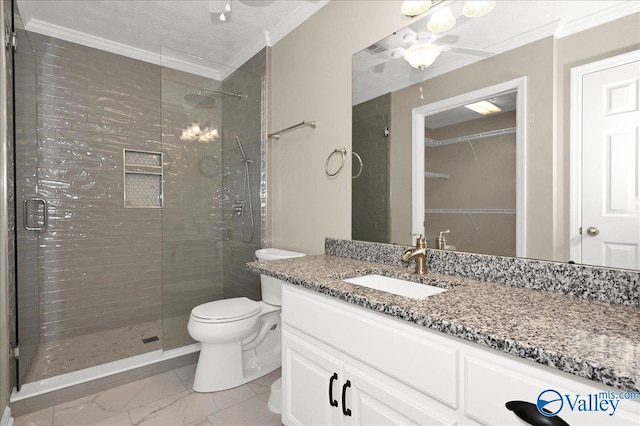 bathroom with vanity, marble finish floor, a stall shower, and ornamental molding