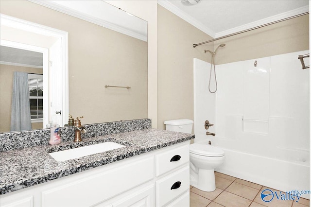 bathroom featuring toilet, tile patterned flooring, vanity, shower / tub combination, and ornamental molding