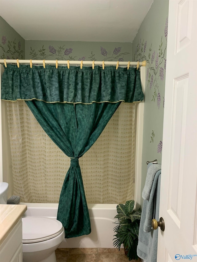 full bathroom with vanity, tile patterned flooring, toilet, and shower / bathtub combination with curtain