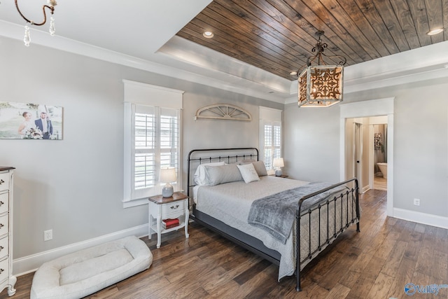 bedroom featuring a tray ceiling, dark wood-type flooring, wood ceiling, and baseboards