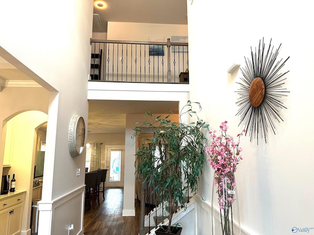 corridor with dark hardwood / wood-style flooring and crown molding