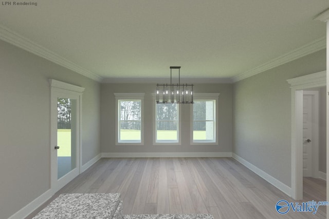 unfurnished dining area with crown molding, a notable chandelier, and light wood-type flooring