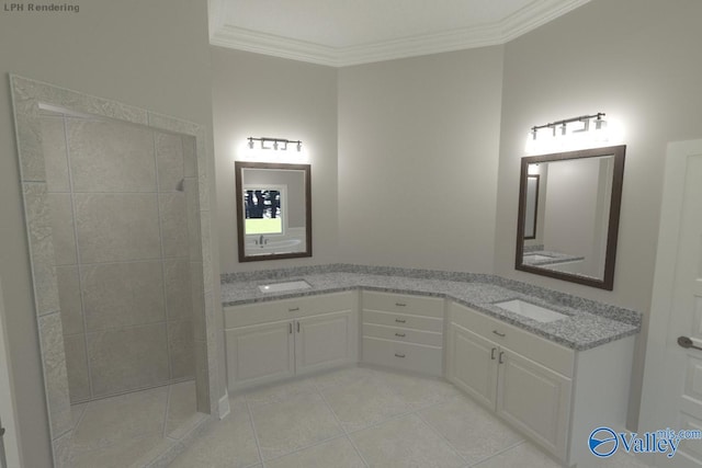 bathroom featuring vanity, tile patterned floors, and crown molding