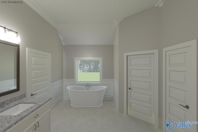 bathroom with tile patterned floors, vanity, a tub to relax in, ornamental molding, and vaulted ceiling