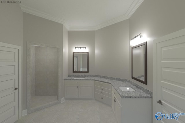 bathroom featuring vanity, crown molding, and tile patterned flooring