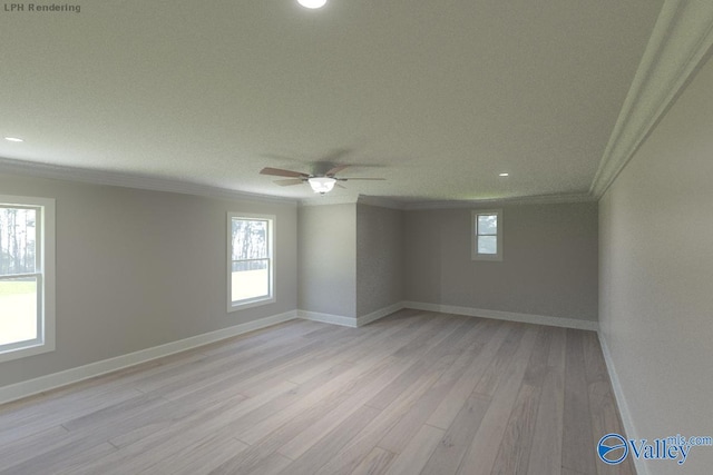 unfurnished room with light wood-type flooring, ceiling fan, and crown molding