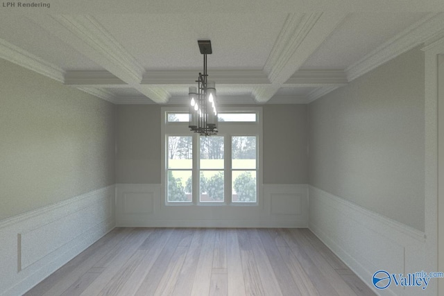 empty room featuring light wood-type flooring, beam ceiling, ornamental molding, coffered ceiling, and a chandelier