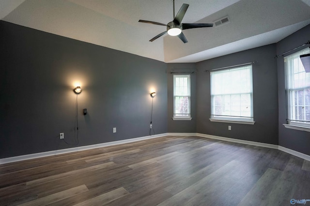 spare room featuring vaulted ceiling, plenty of natural light, dark wood-style flooring, and ceiling fan
