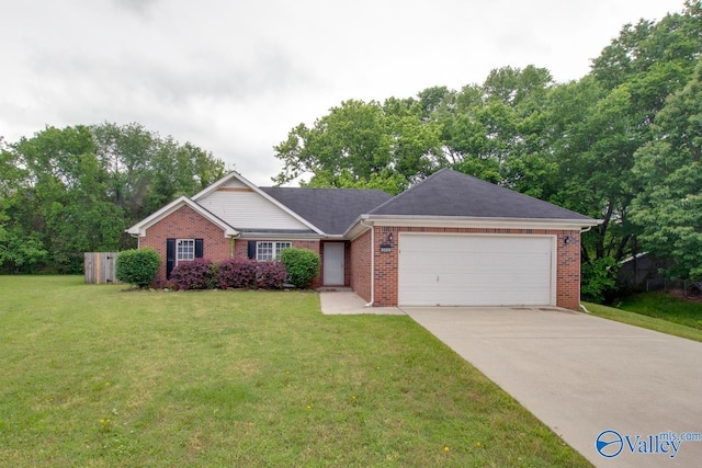 ranch-style home with a garage, brick siding, concrete driveway, and a front yard
