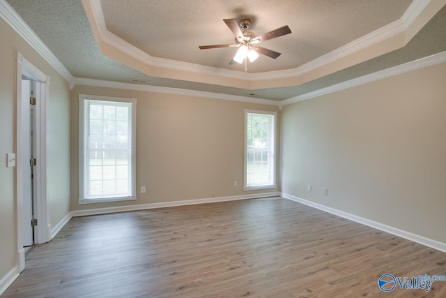 spare room featuring a raised ceiling, wood finished floors, ceiling fan, crown molding, and a textured ceiling