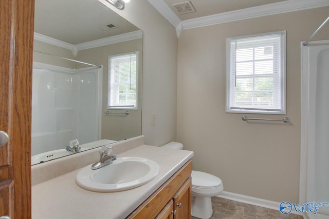 bathroom featuring a shower, vanity, crown molding, toilet, and baseboards