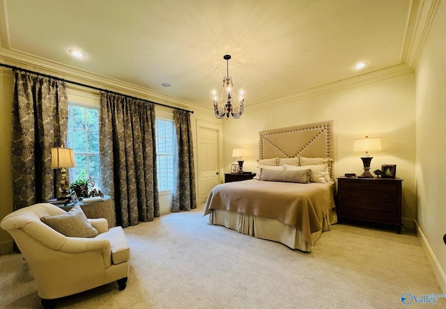 bedroom with a notable chandelier, light carpet, and crown molding