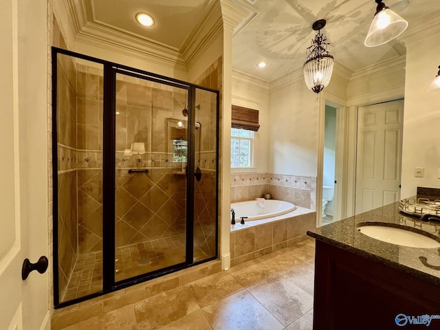 full bathroom with independent shower and bath, vanity, toilet, and ornamental molding