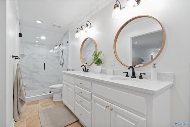 bathroom with vanity, toilet, a shower with shower door, and crown molding