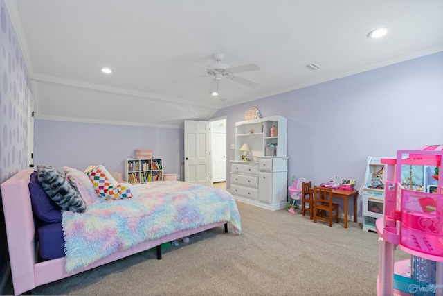 carpeted bedroom with ceiling fan, ornamental molding, and lofted ceiling