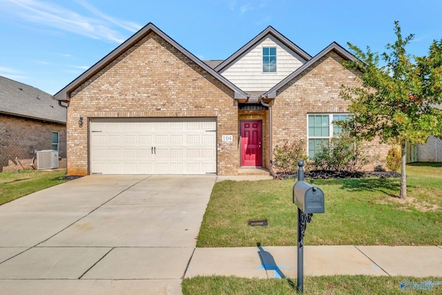 104 Pointe Haven Ct, Huntsville, AL 35824 - view of front of house with brick siding, a garage, central AC, concrete driveway, and a front lawn