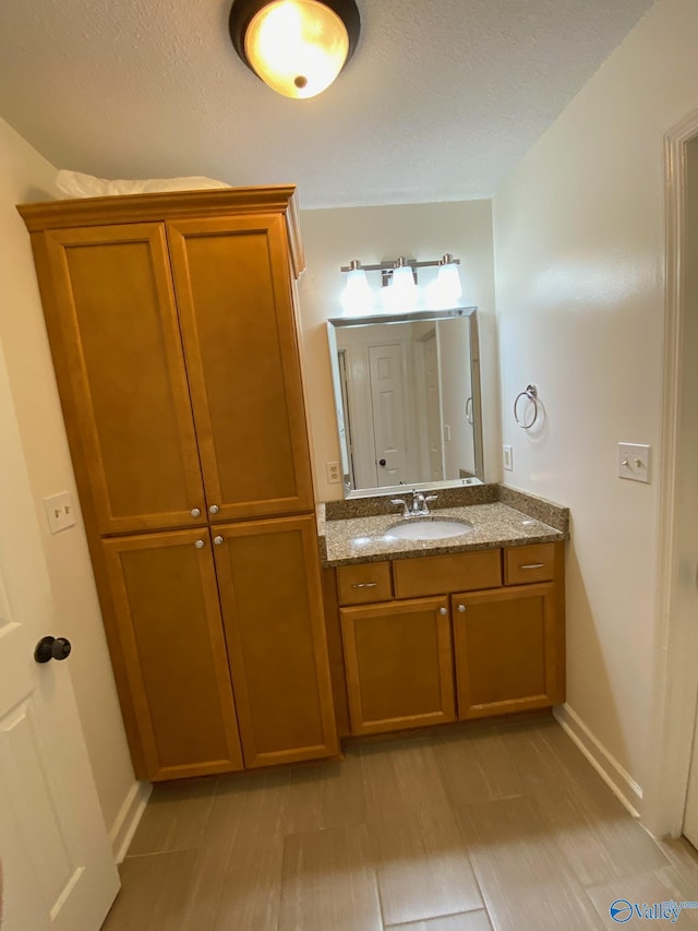 bathroom featuring vanity, wood-type flooring, and a textured ceiling