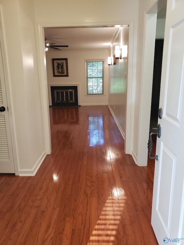 hallway with wood-type flooring and crown molding