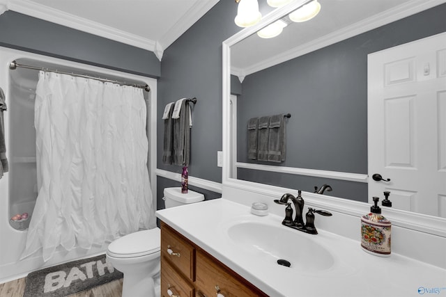 bathroom featuring toilet, wood finished floors, vanity, ornamental molding, and shower / bath combo with shower curtain