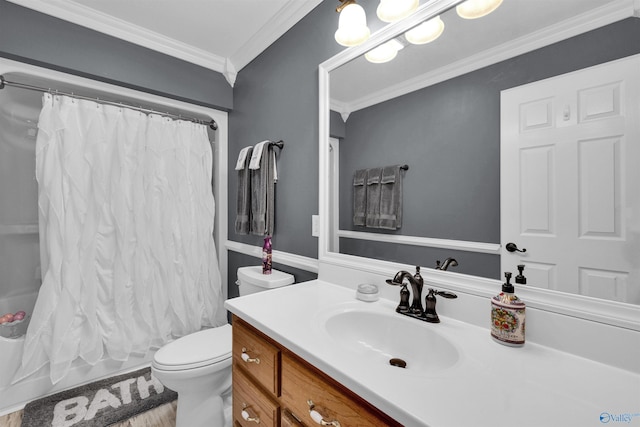 full bath with toilet, ornamental molding, shower / bath combination with curtain, and vanity